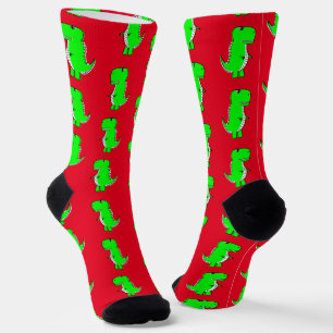 Green Cute Dino Red Socks