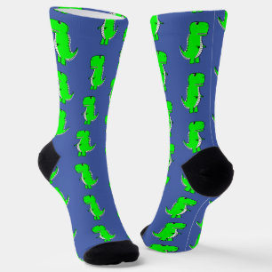 Green Cute Dino White Blue Socks