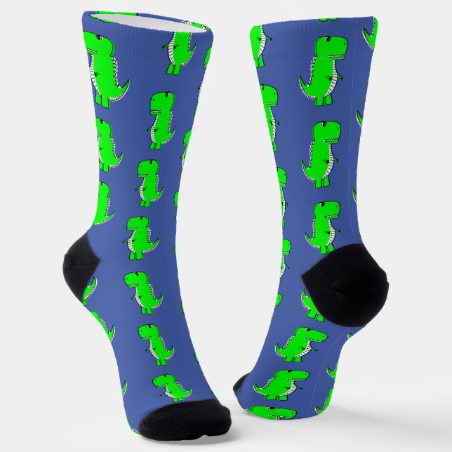 Green Cute Dino White Blue Socks (Angled)