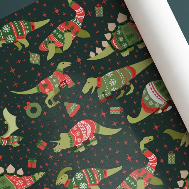 Green Cute Dinosaurs Christmas Sweaters Wrapping Paper (Creator Uploaded)