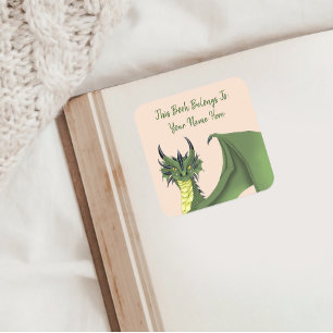 Green Cute Dragon Portrait Peach Fantasy Bookplate Square Sticker
