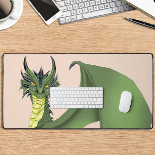 Green Cute Dragon Portrait Peach Fantasy  Desk Mat