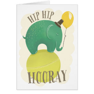 Green cute elephant. Kids birthday animal. Hooray