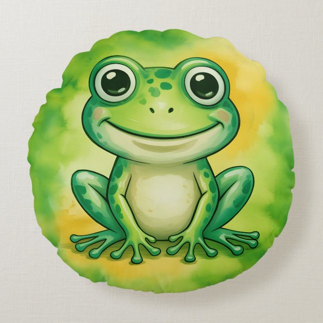 Green cute frog round cushion (Front)