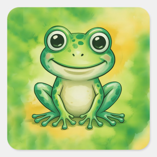 Green cute frog square sticker (Front)