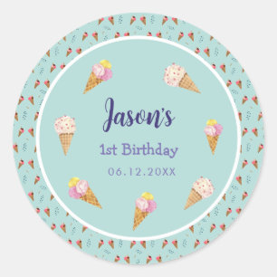 Green Cute Ice Cream Cone Kids Boy Birthday Classic Round Sticker
