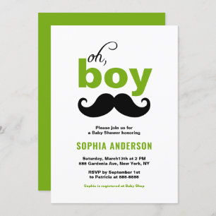 Green Cute It's a Boy Moustache Baby Shower Invitation