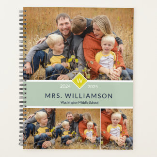 Green Cute Monogram And Photo Teacher Planner