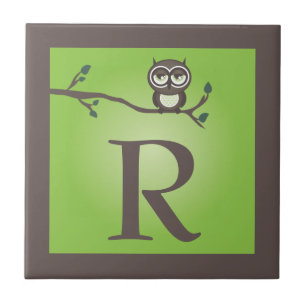 Green Cute Owl Monogram Trivet Tile