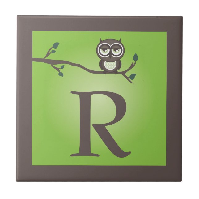 Green Cute Owl Monogram Trivet Tile (Front)