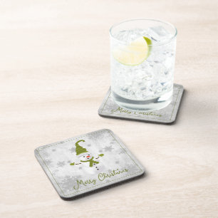Green Cute Snowman Beverage Coaster
