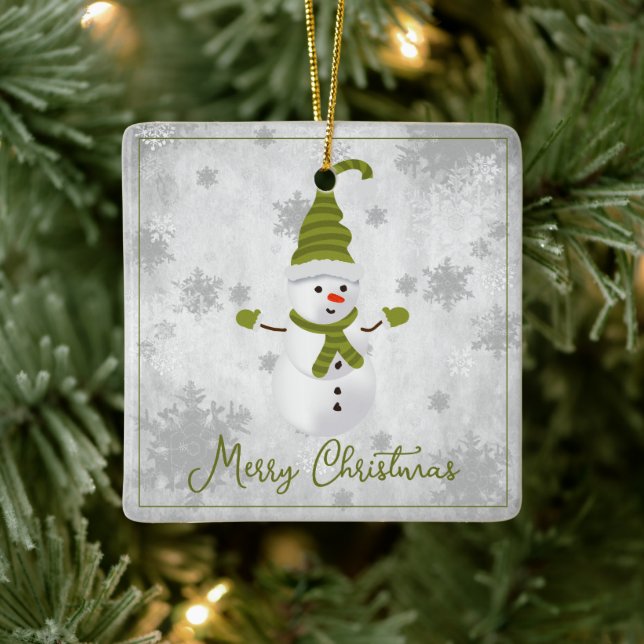 Green Cute Snowman Holiday Ornament (Tree)