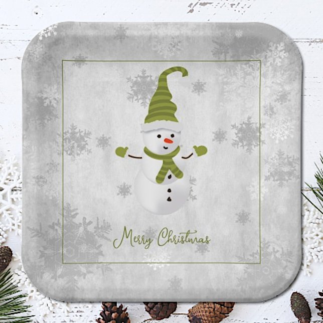 Green Cute Snowman Paper Plate (Green Cute Snowman Christmas Paper Plates)