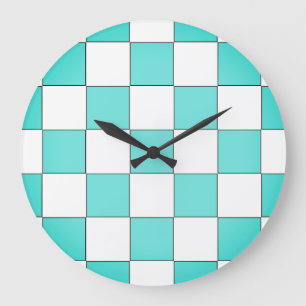Green Cyan Chessboard Large Clock