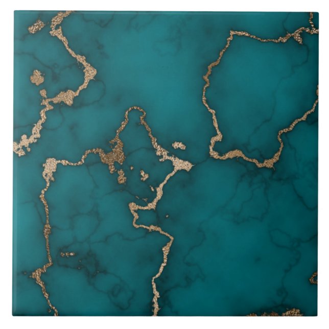 Green Cyan  Gold Marble Abstract Ceramic Tile (Front)
