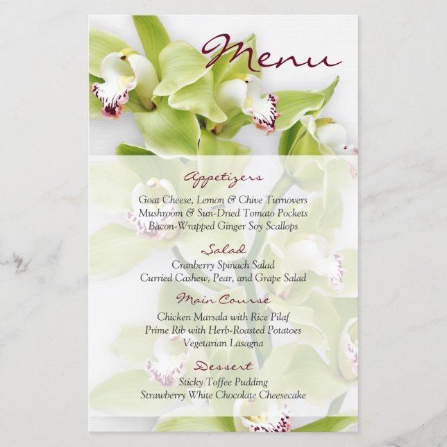 Green Cymbidium Orchid Floral Wedding Menu Card (Front)