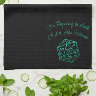 Green D20 Critmas Fantasy Tabletop Gamer Dice Tea Towel