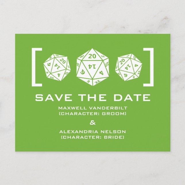 Green D20 Dice Gamer Save the Date Postcard (Front)