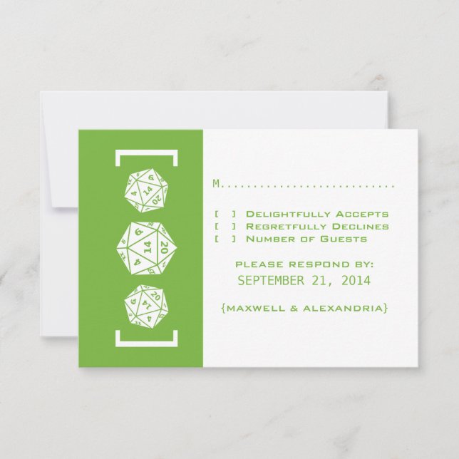 Green D20 Dice Gamer Wedding Response Card (Front)