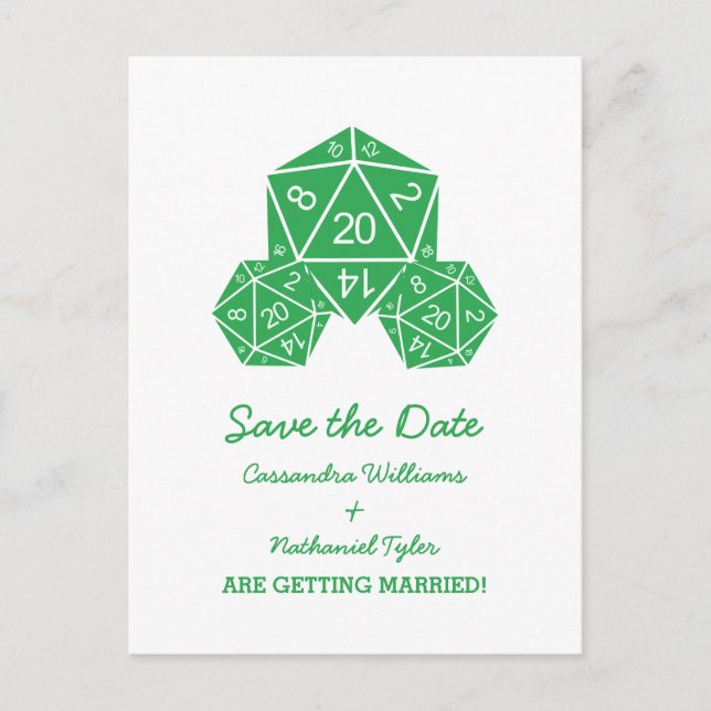 Green D20 Dice Save the Date Postcard (Front)