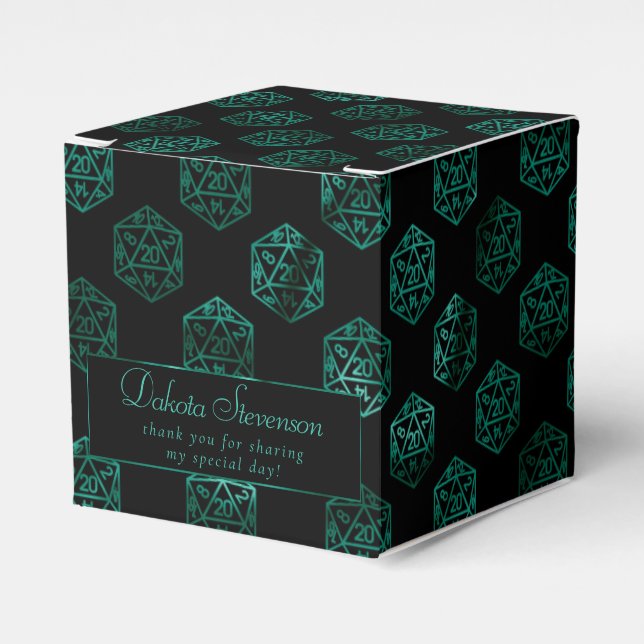 Green D20 Pattern | Fantasy Tabletop RPG Thank You Favour Box (Front Side)