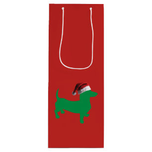 Green Dachshund wearing a Santa Claus Hat Wine Gift Bag