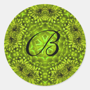 GREEN  DAHLIA FLOWER PETALS MONOGRAM CLASSIC ROUND STICKER
