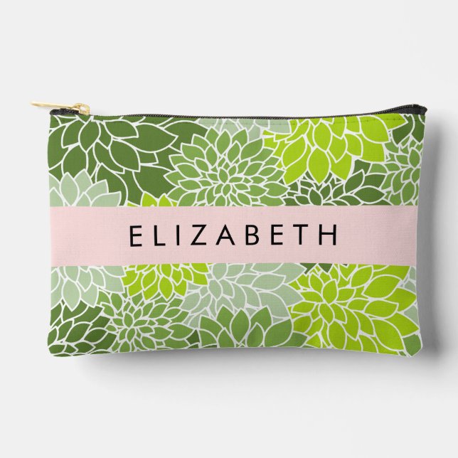 Green Dahlia Flowers, Floral Pattern, Your Name Accessory Pouch (Front)