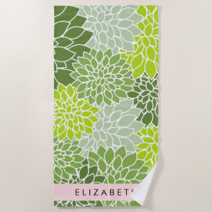 Green Dahlia Flowers, Floral Pattern, Your Name Beach Towel