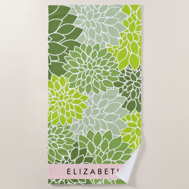 Green Dahlia Flowers, Floral Pattern, Your Name Beach Towel (Front)