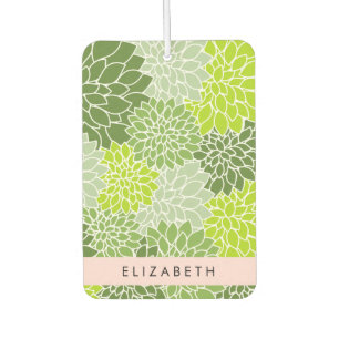 Green Dahlia Flowers, Floral Pattern, Your Name Car Air Freshener