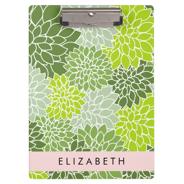 Green Dahlia Flowers, Floral Pattern, Your Name Clipboard (Front)