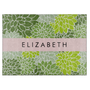 Green Dahlia Flowers, Floral Pattern, Your Name Cutting Board