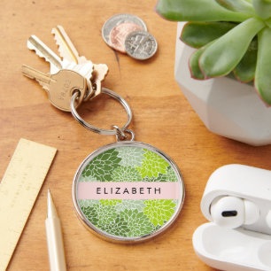 Green Dahlia Flowers, Floral Pattern, Your Name Key Ring