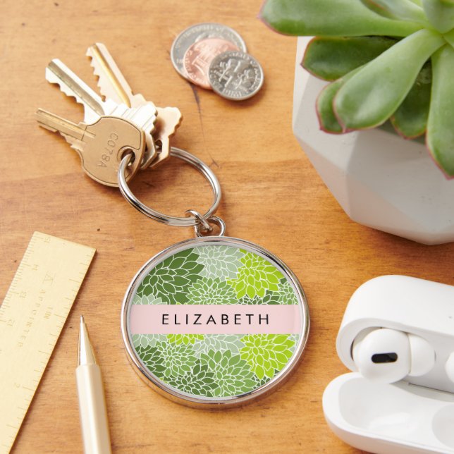 Green Dahlia Flowers, Floral Pattern, Your Name Key Ring (Desk)