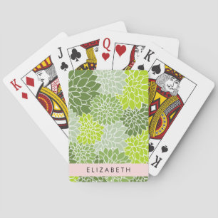 Green Dahlia Flowers, Floral Pattern, Your Name Playing Cards
