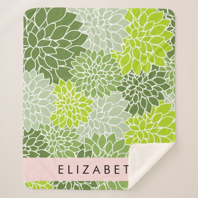 Green Dahlia Flowers, Floral Pattern, Your Name Sherpa Blanket (Front)