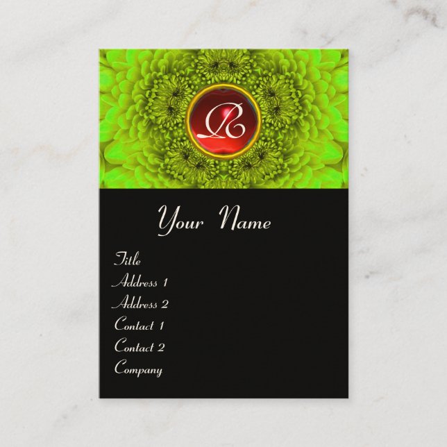 GREEN DAHLIA  MONOGRAM, RUBY red  black yellow Business Card (Front)