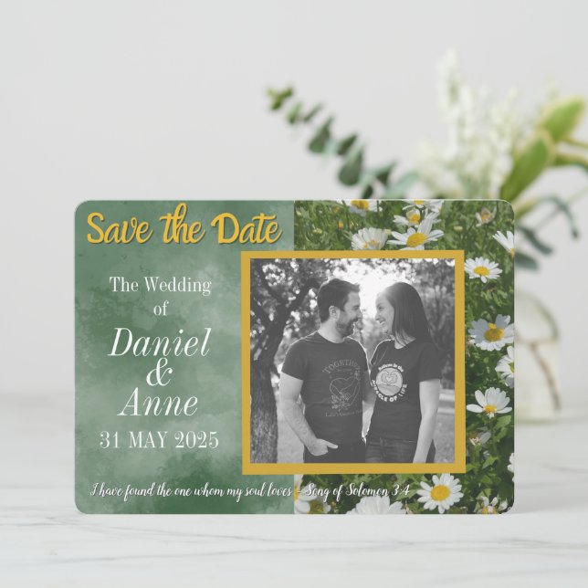 Green Daisy Christian Save The Date Card (Standing Front)
