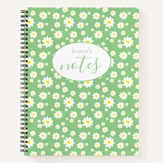 Green Daisy Floral Pattern Custom Name Notebook (Front)
