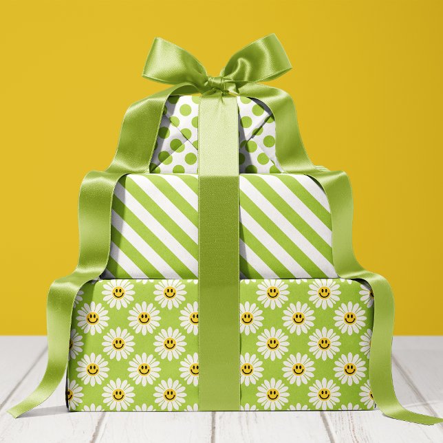 Green Daisy Floral Stripes Polka Dot Wrapping Paper Sheet (Creator Uploaded)