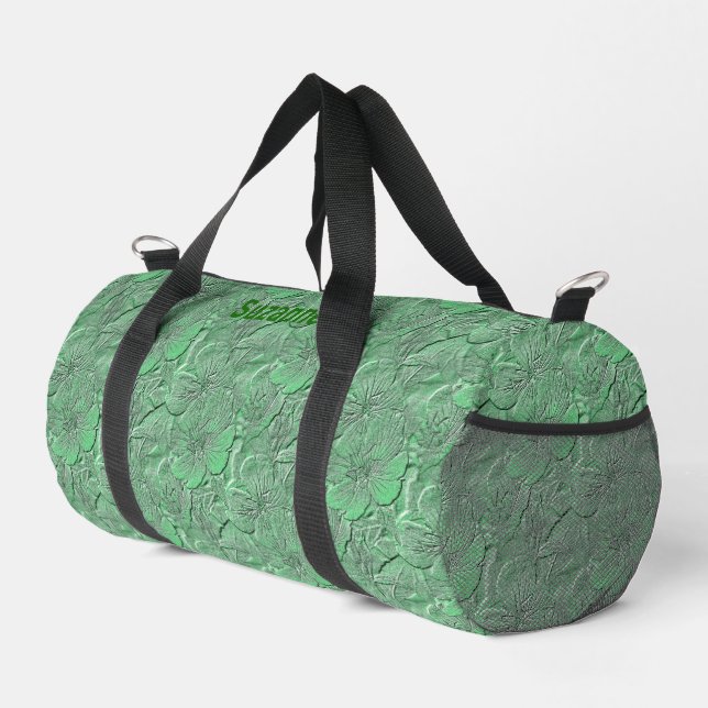 Green Daisy Flower Art Pattern Personalised Duffle Bag (Right Corner)
