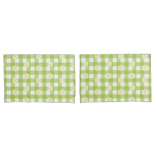 Green Daisy Gingham Pattern Pillowcase