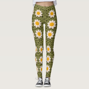 Green Daisy Granny Square Crochet Pattern Floral Leggings