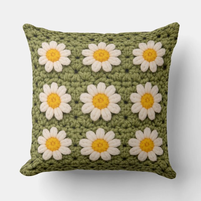 Green Daisy Granny Square Crochet Pattern Floral R Cushion (Front)