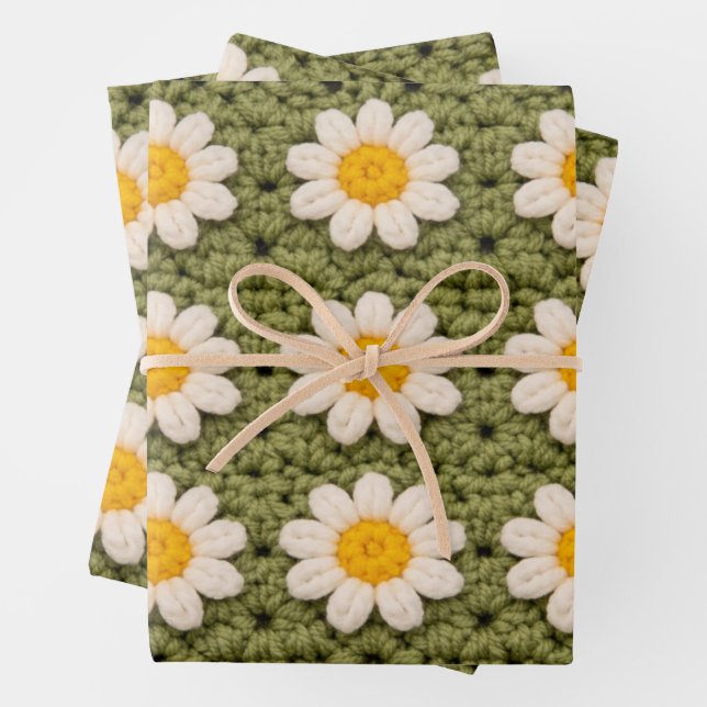 Green Daisy Granny Square Crochet Pattern Floral R Wrapping Paper Sheet (In situ)