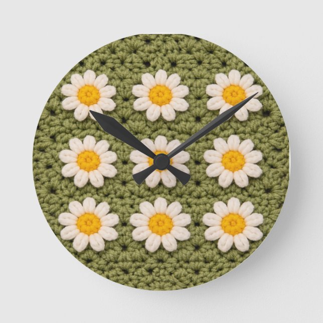 Green Daisy Granny Square Crochet Pattern Floral Round Clock (Front)