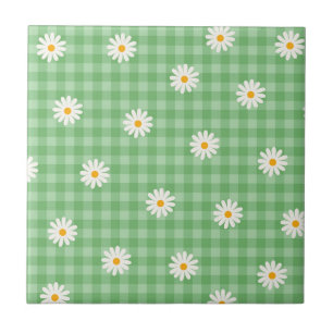 Green Daisy Plaid Gingham Check Flower Pattern Ceramic Tile