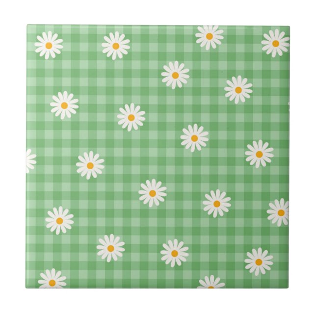 Green Daisy Plaid Gingham Check Flower Pattern Ceramic Tile (Front)