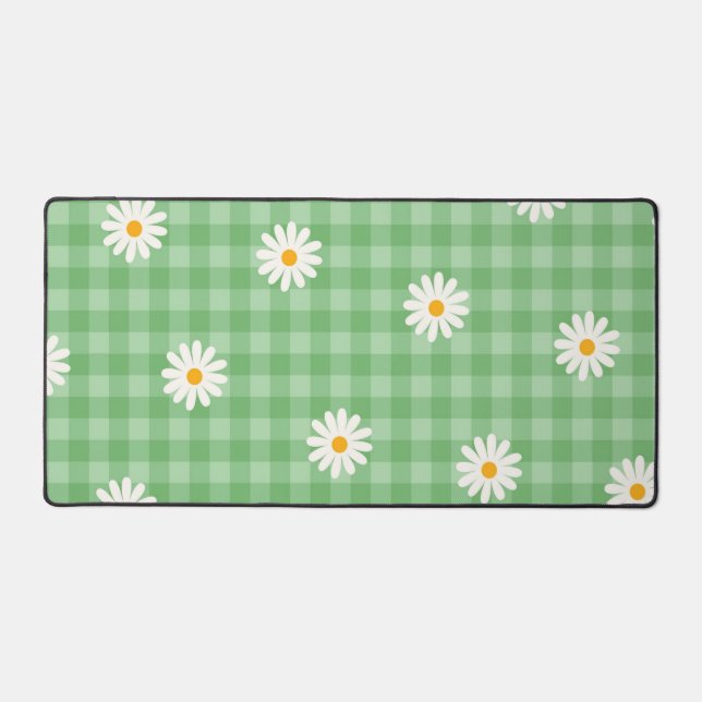 Green Daisy Plaid Gingham Check Flower Pattern Desk Mat (Front)